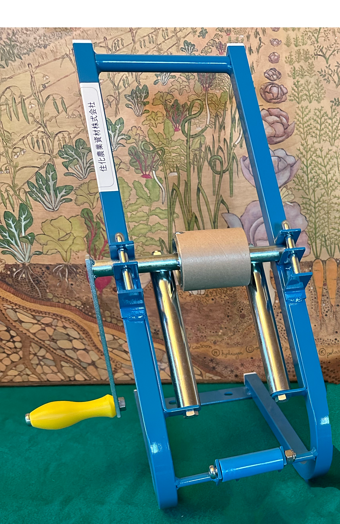 A blue and silver Sumisansui Winder-M with a yellow handle, designed for use with the Sumisansui M series irrigation tubes including Mark 2, mark 3, sumi soaker, sumisoaker max