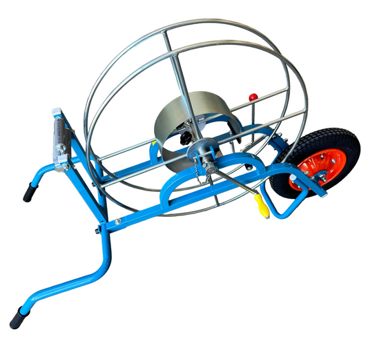 blue and silver Winder with red wheel and pneumatic tire for Sumi Rain irrigation tube. Sumi soaker max