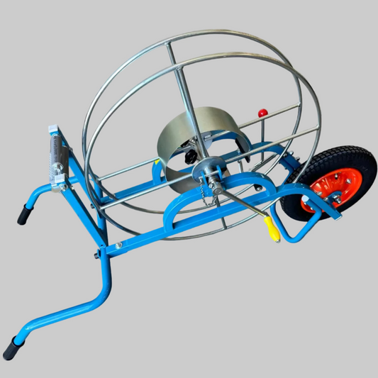 blue and silver Winder with red wheel and pneumatic tire for Sumi Rain irrigation tube. Sumi soaker max
