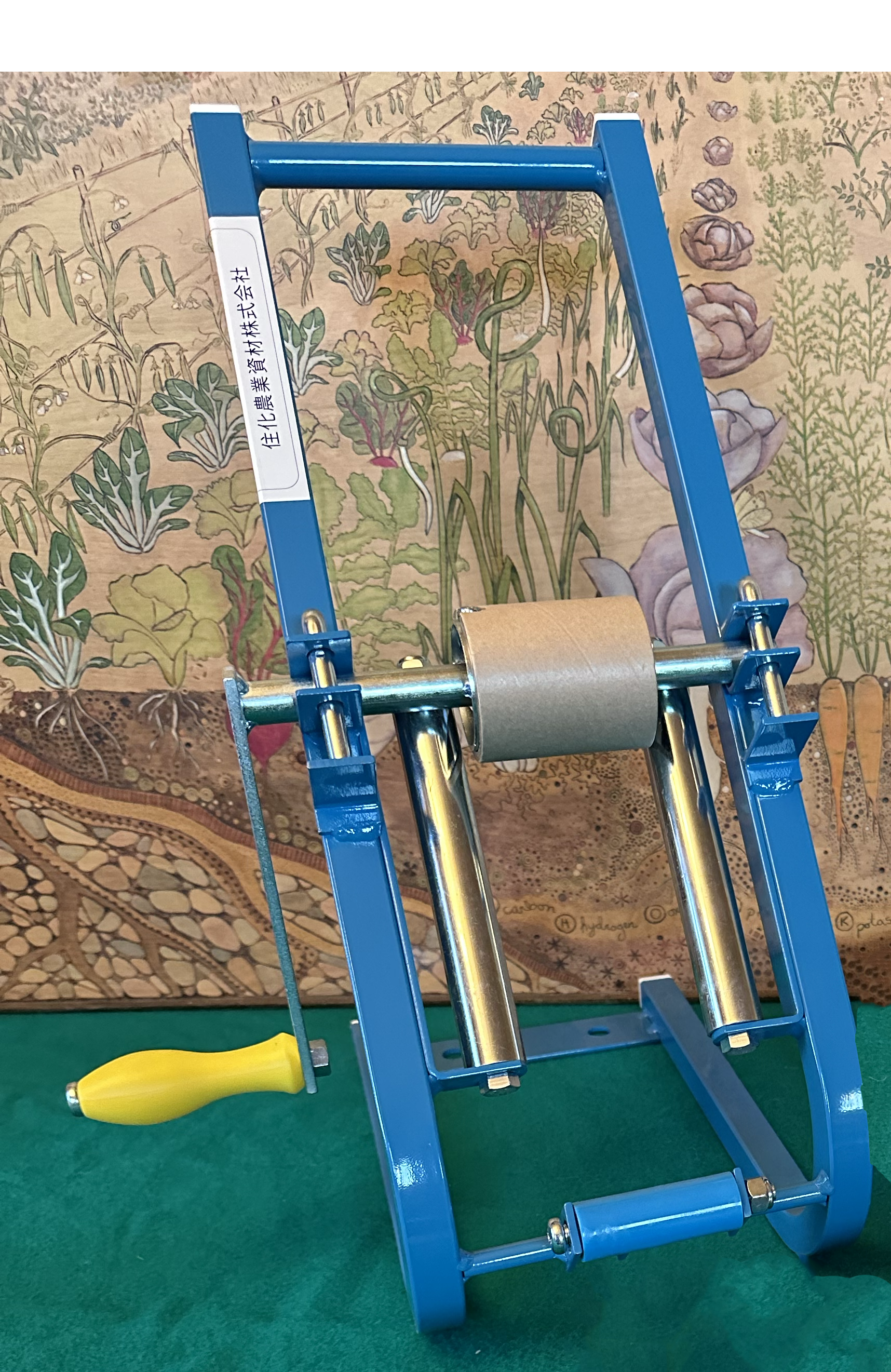 A blue and silver Sumisansui Winder-M with a yellow handle, designed for use with the Sumisansui M series irrigation tubes including Mark 2, mark 3, sumi soaker, sumisoaker max