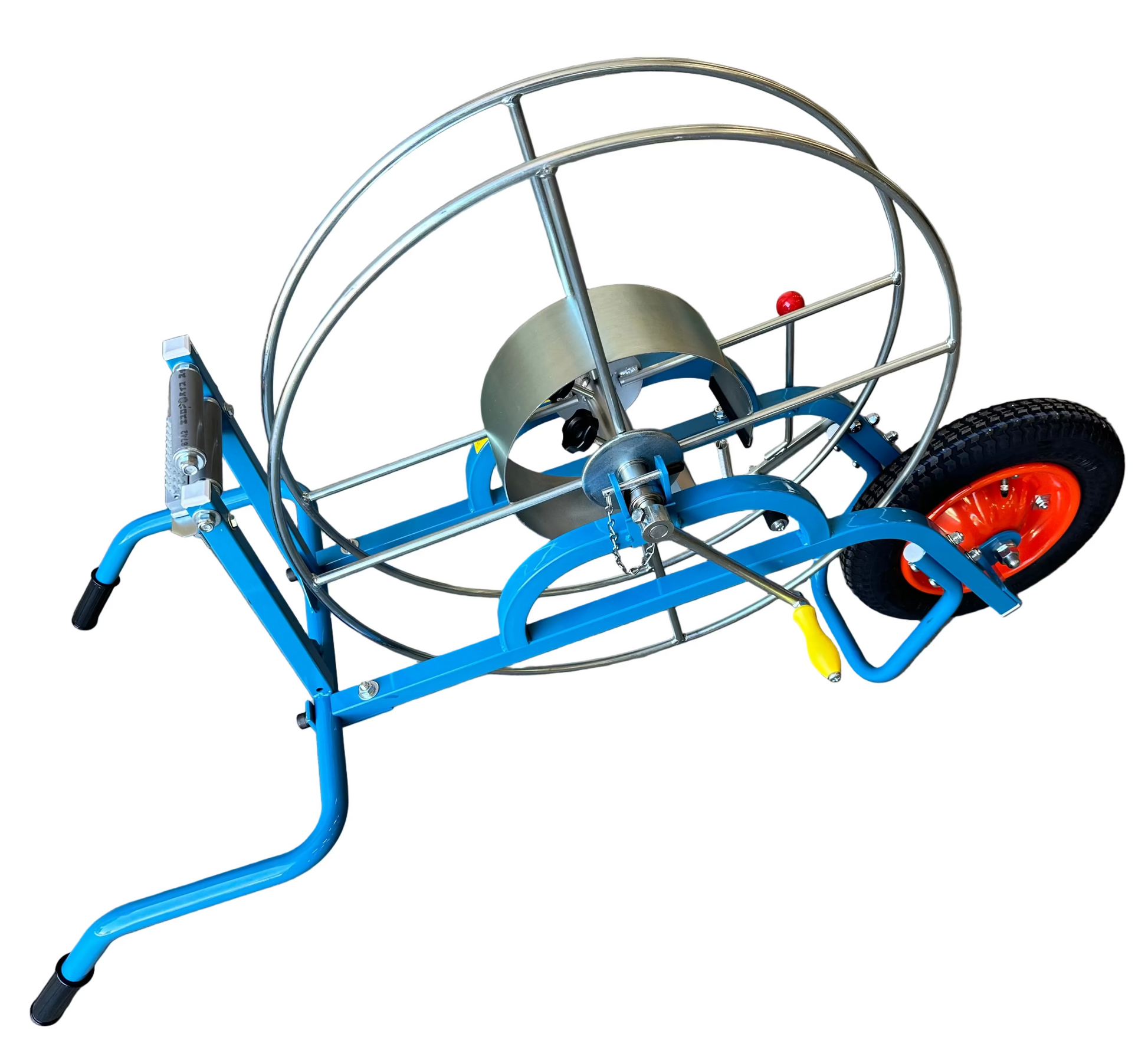 blue and silver Winder with red wheel and pneumatic tire for Sumi Rain irrigation tube. Sumi soaker max