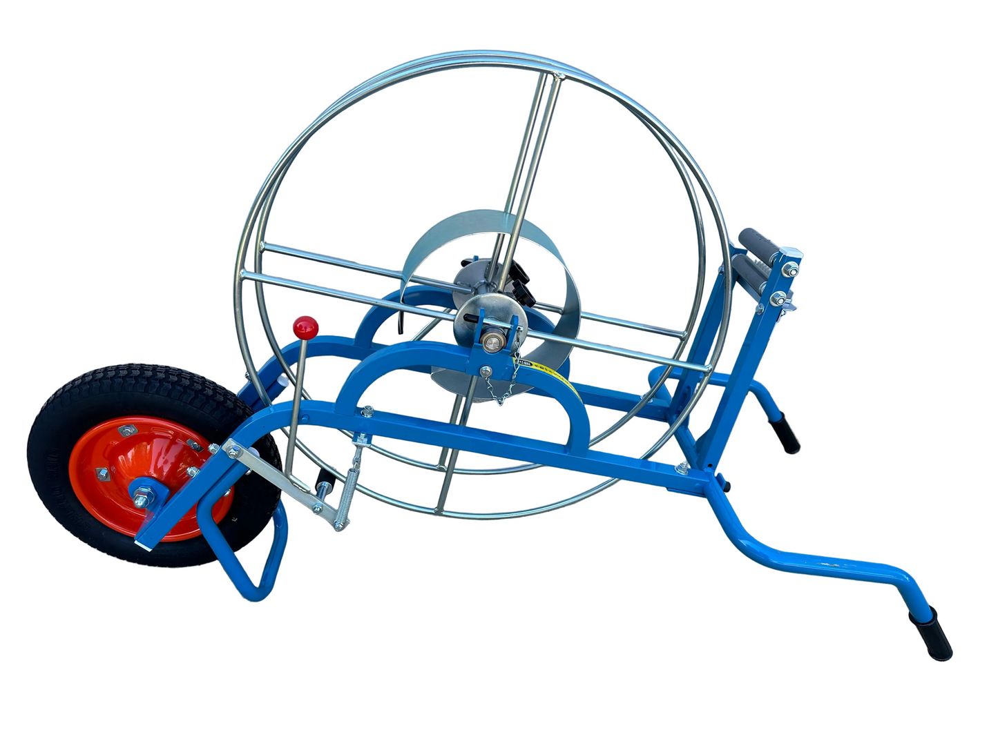 blue and silver Winder with red wheel and pneumatic tire for Sumi Rain irrigation tube. Sumi soaker max