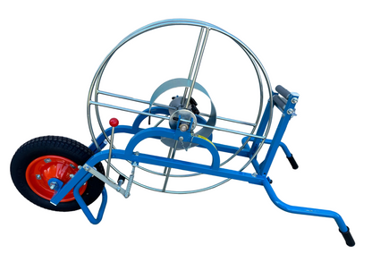 blue and silver Winder with red wheel and pneumatic tire for Sumi Rain irrigation tube. Sumi soaker max