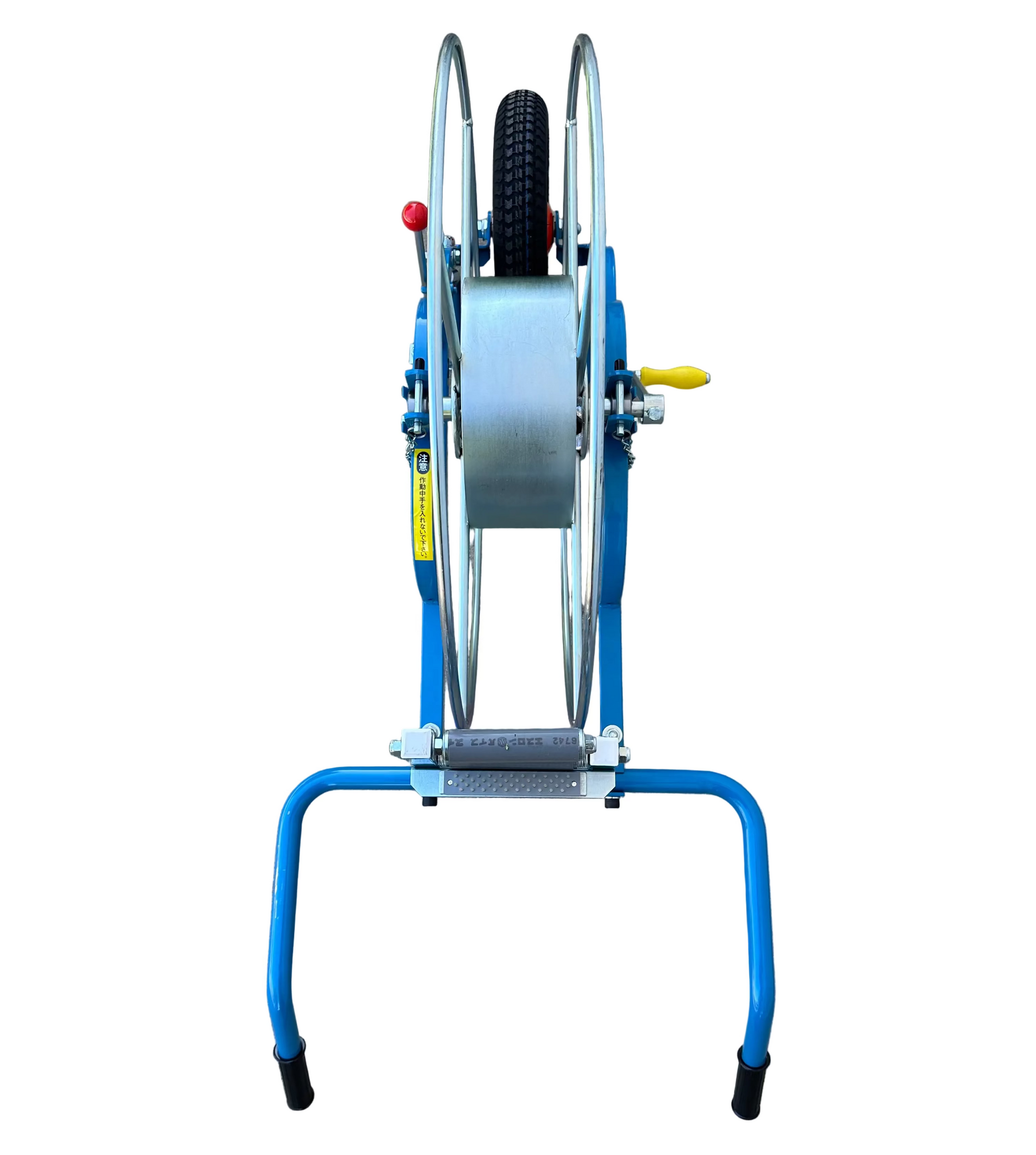 blue and silver Winder with red wheel and pneumatic tire for Sumi Rain irrigation tube. Sumi soaker max