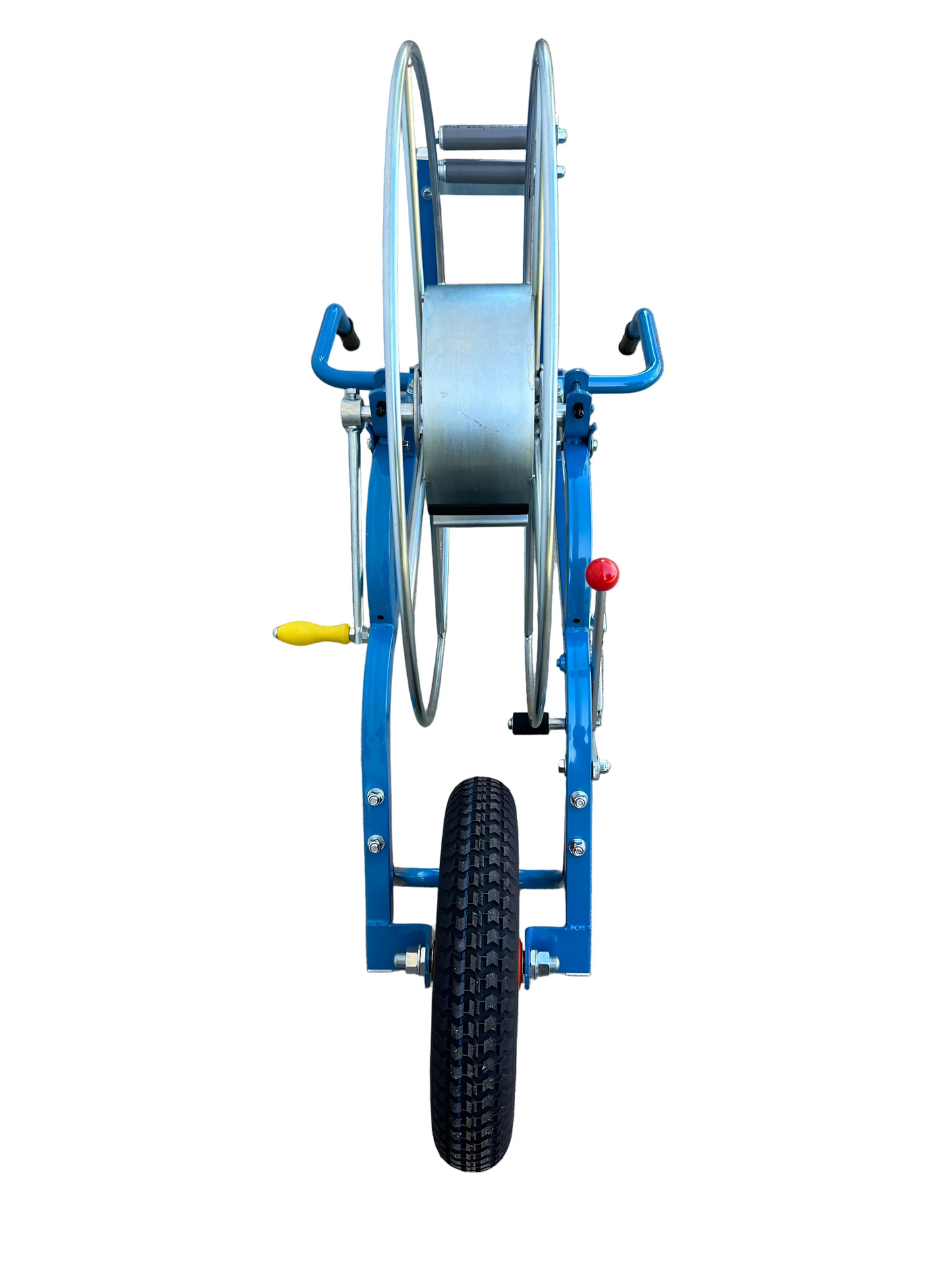 blue and silver Winder with red wheel and pneumatic tire for Sumi Rain irrigation tube. Sumi soaker max