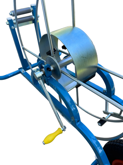 blue and silver Winder with red wheel and pneumatic tire for Sumi Rain irrigation tube. Sumi soaker max