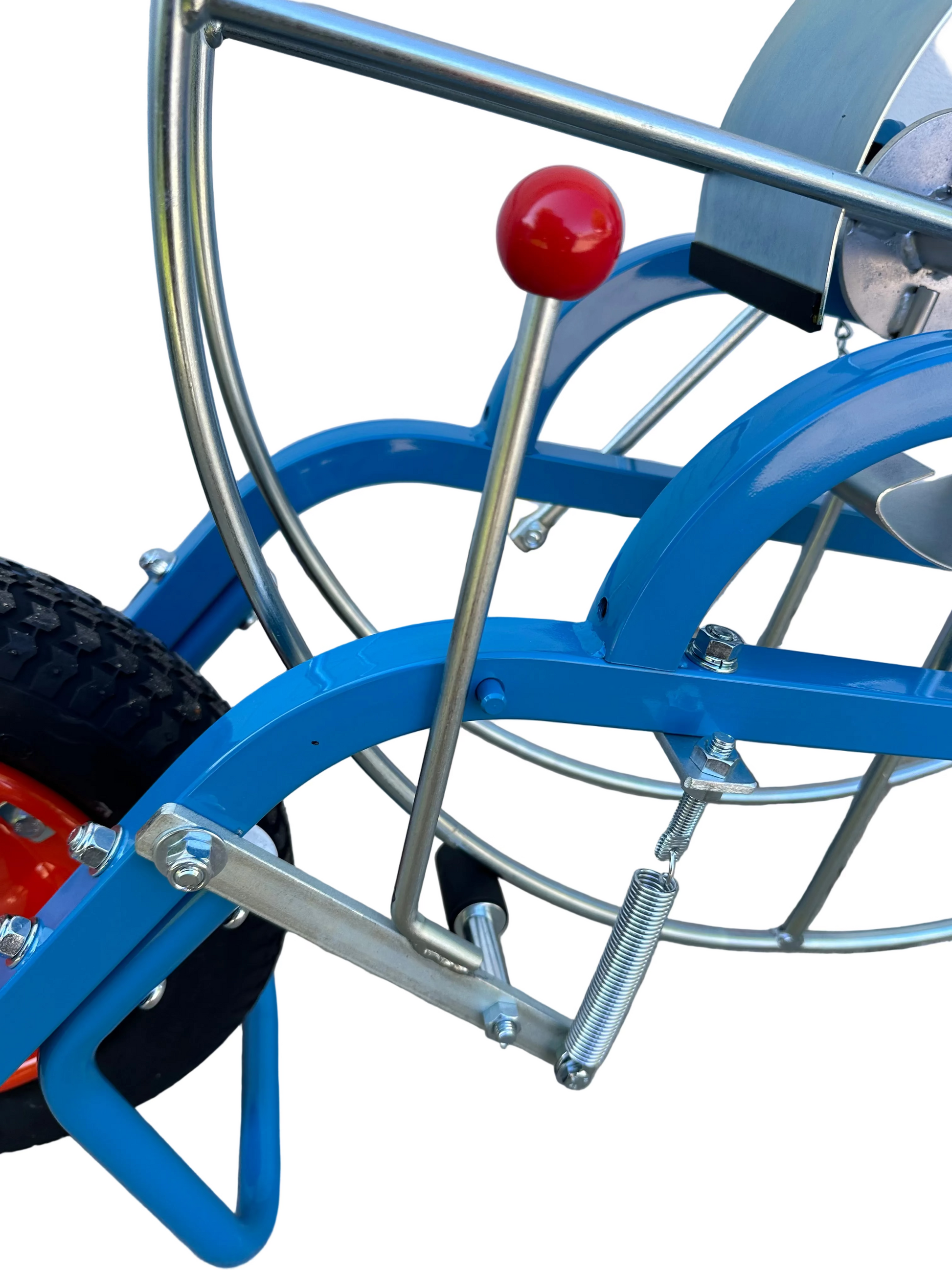 blue and silver Winder with red wheel and pneumatic tire for Sumi Rain irrigation tube. Sumi soaker max