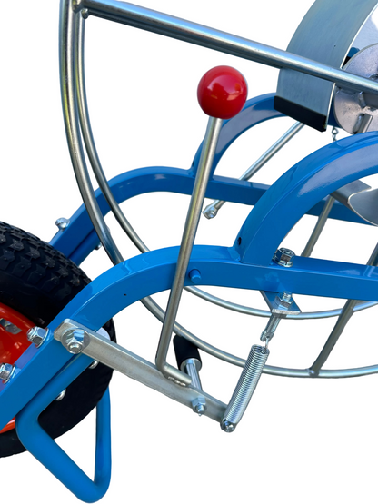 blue and silver Winder with red wheel and pneumatic tire for Sumi Rain irrigation tube. Sumi soaker max