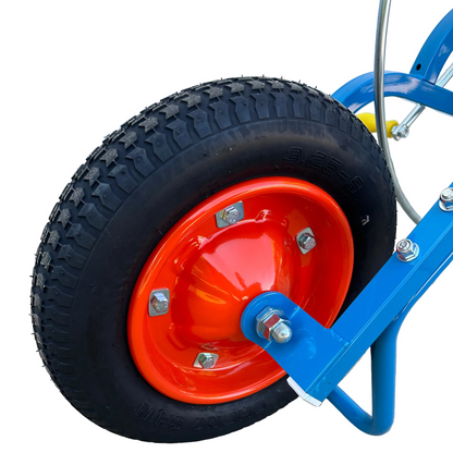 blue and silver Winder with red wheel and pneumatic tire for Sumi Rain irrigation tube. Sumi soaker max